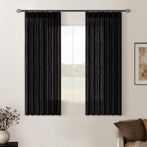 TWODRAPES Black Pinch Pleated Linen Cafe Curtains 45 Inch Length 2 Panels for Dining Room Kitchen Bedroom Semi Sheer Pleat Drapes with Hooks Rings Light Filtering Short Window Curtain Cabinet 40x45