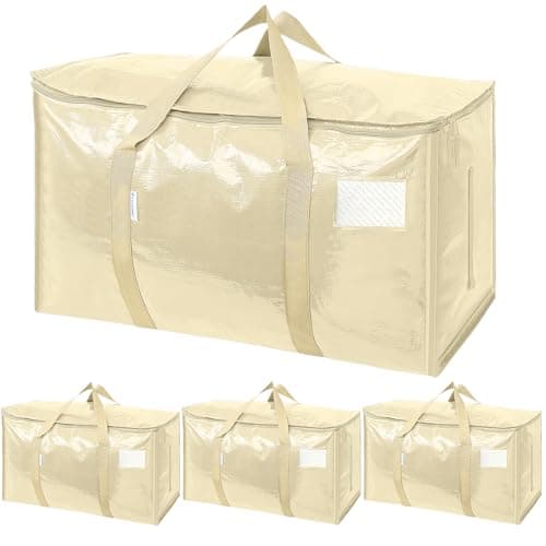 TICONN 4 Pack Extra Large Moving Bags Heavy Duty with Zippers & Carrying Handles, Durable Storage Bags Moving Boxes for Closet Organizers and Storage (4 Pack, Cream)