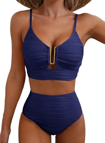 Herseas Sexy Bikini Sets for Women U-Wired Textured Cutout Popular Swimsuit 2 Piece High Cut 2026 Summer Bathing Suit Modest Cruise Essentials 2026 Summer Navy Blue X-Small