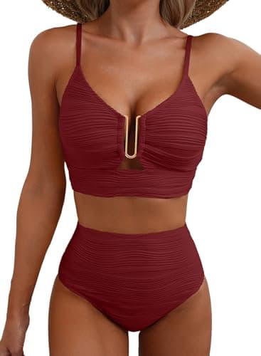 Herseas Summer Beach High Waisted Bikini Sets V Neck Spaghetti Straps Push Up Swimsuit Full Coverage Swimwear Bathing Suit Flattering Beach Vacation Clothes Burgundy X-Small