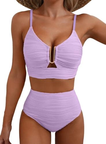 Herseas Sexy Bikini Sets for Women V-Wired Textured Cutout Popular Swimsuit 2 Piece High Cut 2026 Summer Bathing Suit Cute Beach Vacation Clothes for Teens Light Purple X-Small