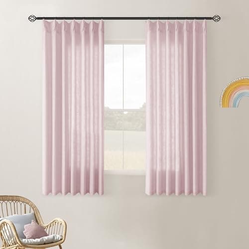 Light Pink Pinch Pleated Linen Cafe Curtains 45 Inch Length 2 Panels for Dining Room Kitchen Bedroom Semi Sheer Pleat Drapes with Hooks Rings Light Filtering Short Window Curtain Cabinet 40x45