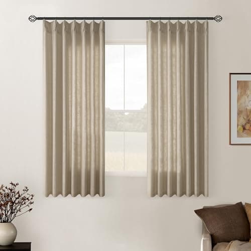 Grey Beige Linen Kitchen Curtains 45 Inches Long 2 Sets Basement Curtains for Small Window Pinch Pleated Back Tab Linen Blend Short Cafe Boho Semi Sheer Back Tab Drapes for Bay Windows Bedroom 40x45