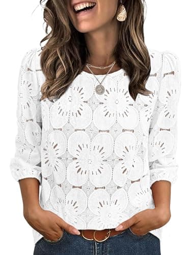 Sampeel Women Blouses Dressy Casual Summer Spring Tops Trendy Lace Eyelet Tops Boho 3/4 Length Business Casual Outfits Work Vacation Resort Wear 2026 Short Sleeve Shirts Western White L