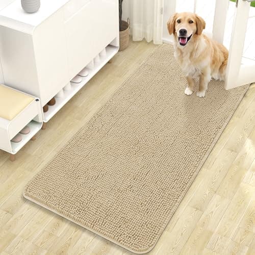 OLANLY Dog Door Mat for Muddy Paws 47x24, Absorbs Moisture and Dirt, Absorbent Non-Slip Washable Doormat, Quick Dry Chenille Mud Mat for Dogs, Entry Indoor Entryway Carpet for Inside Floor, Beige