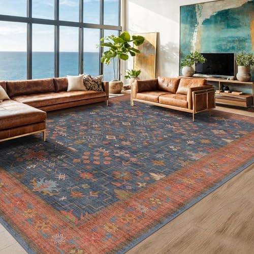 Navy Blue Area Rugs 9x12 Living Room, Dining Room Rugs for Under Table - Washable Low Pile Non-Slip Rugs for Bedroom - Vintage Boho Eclectic Home Decor - Ultra Soft Faux Wool Stain Resistance