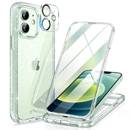 Miracase Glass Series for iPhone 12/12 Pro Case 6.1 inch, Upgraded Full-Body Rugged Phone Bumper Case Cover with Built-in 9H Tempered Glass Screen Protector and Camera Protector, Clear Glitter