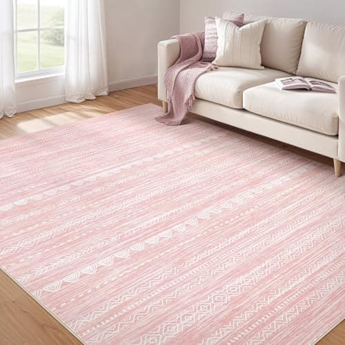 Nakagishi Pink Rugs for Bedroom Girls: 8x10 Washable Boho Large Neutral Cute Soft Area Rug Modern Indoor Floor Non Slip Accent Carpet for Living Room Nursery Kids Playroom Preppy Room Dorm Baby Room