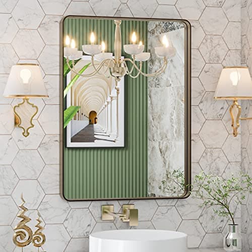 LOAAO 20”X30” Bronze Bathroom Mirrors for Vanity, Rounded Rectangle Brushed Bronze Metal Frame Mirror, Anti-Rust, Hangs Horizontally or Vertically