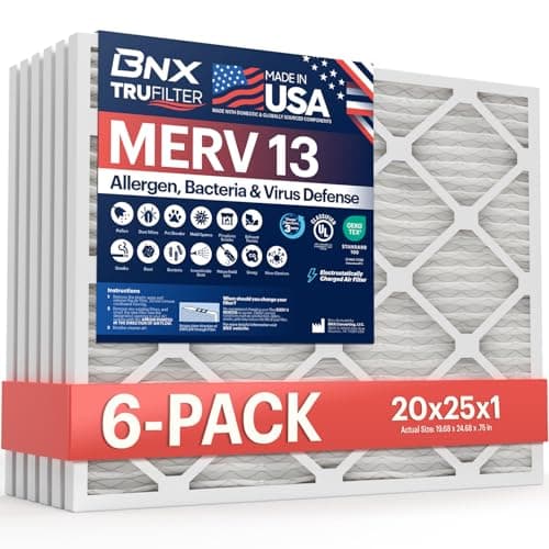 BNX TruFilter 20x25x1 Air Filter MERV 13 (6-Pack) - MADE IN USA - Electrostatic Pleated Air Conditioner HVAC AC Furnace Filters for Allergies, Pollen, Mold, Bacteria, Smoke, Allergen, MPR 1900 FPR 10