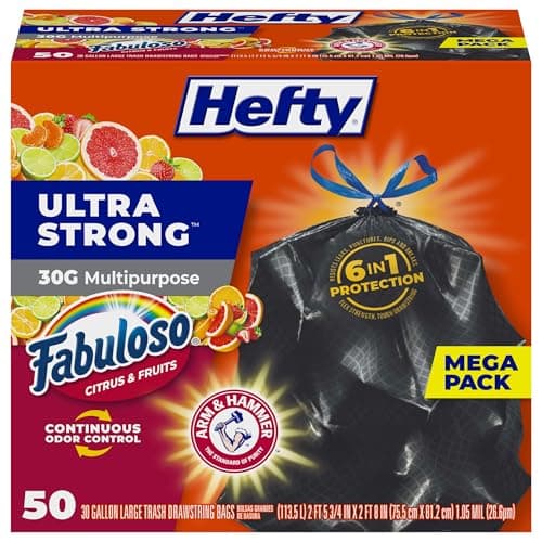 Hefty Ultra Strong 30 Gallon Trash Bags, Large Trash Bags 30 Gallon Size, Multipurpose, Break Resistant Drawstring Closure, Resists Leaks, Punctures, and Tears, Black, Fabuloso Scent, 50 Bags