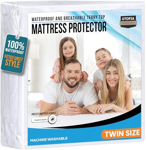 Twin Size Mattress Protector Waterproof, Premium 200 GSM Terry Mattress Cover, Soft & Breathable Bed Cover, Fitted Sheet Style Stretchable Deep Pockets 15" by Utopia Bedding (White)