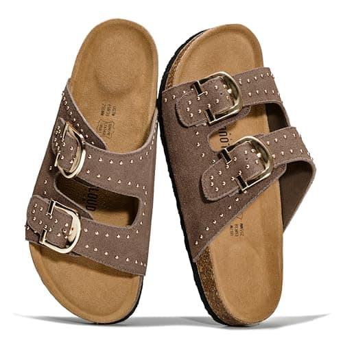 Project Cloud 100% Genuine Leather Womens Sandals - Lightweight Sandals for Women 2026 Memory Foam Insole & Natural Cork Footbed Beach Essentials Slides for Women Footwear(VenitaStud,MUSHSUEDE,5.5M)