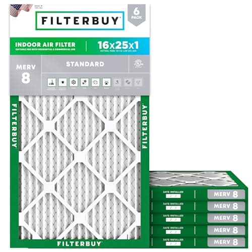 Filterbuy 16x25x1 Air Filter MERV 8 Essential Dust & Allergy Defense (6-Pack), Electrostatic Pleated HVAC AC Furnace Filters Replacement (Actual Size: 15.50 x 24.50 x 0.75)