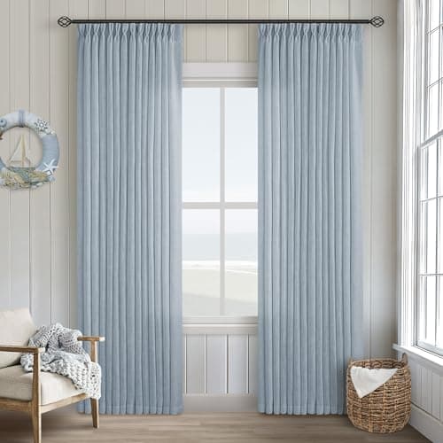 Dusty Blue 80 Inch Pinch Pleated Linen Curtains 2 Panels Set for Living Room Bedroom Boho Farmhouse Light Filtering Semi Sheer Back Tab Pinch Pleat with Hooks Rings Window Curtain 80 Inches Long