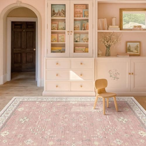 Pink and Gold Girls Rugs for Bedroom, 4x6 Non Slip Nursery Floral Area Rug, Machine Washable Kids Playroom Mat, Vintage Thin Low Pile Carpet for Living Room, Dorm