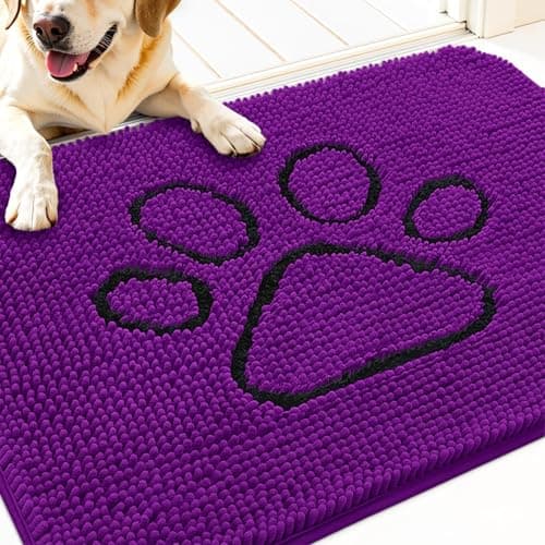 OLANLY Dog Door Mat for Muddy Paws 30x20, Paw Print Design, Absorbs Moisture and Dirt, Absorbent Non-Slip Washable Doormat, Quick Dry Chenille Mud Mat for Dogs, Entry Indoor Entryway Carpet, Purple