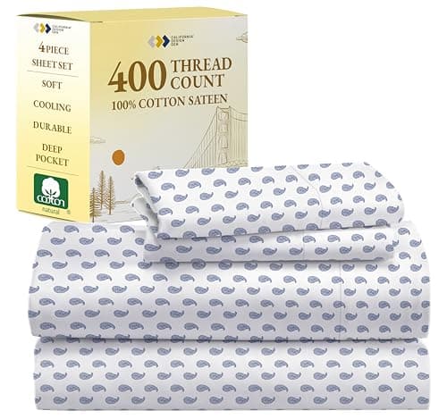 California Design Den Full Size Bed Sheets Set - 400 Thread Count Sateen, Natural 100% Cotton Sheets for Full Size Bed, Deep Pocket and Durable Bedding Set - Paisley Blue