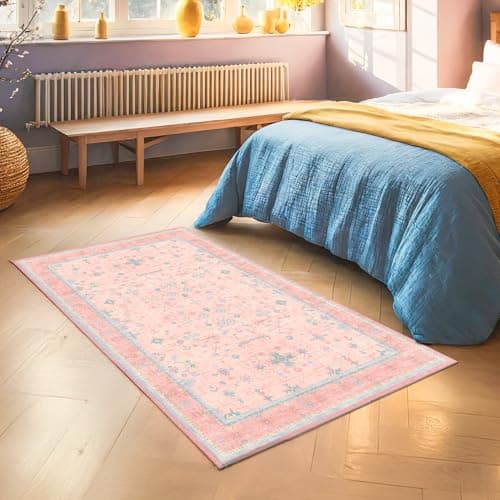 Washable 3x5 Pink Rugs for Girls Bedroom Beside Bed, Nursery Rug, Soft Faux Wool Low Pile Non Slip Stain Resistance Carpet, Pink & Blue