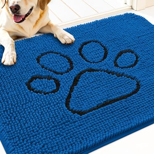 OLANLY Dog Door Mat for Muddy Paws 30x20, Paw Print Design, Absorbs Moisture and Dirt, Non-Slip Washable Doormat, Quick Dry Chenille Mud Mat for Dogs, Entry Indoor Entryway Carpet, Deep Navy Blue