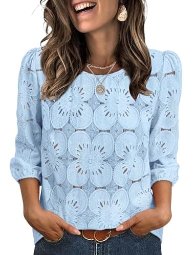 Cute Tops for Women Trendy Summer Clothes 3/4 Sleeve T Shirts Work Blouses Short Sleeve Soft Tshirts Shirts Breathable Light Blue S