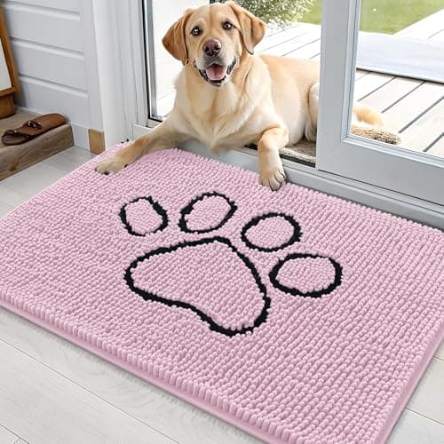 OLANLY Dog Door Mat for Muddy Paws 36x24, Paw Print Design, Absorbs Moisture and Dirt, Non-Slip Washable Doormat, Quick Dry Chenille Mud Mat for Dogs, Entry Indoor Entryway Carpet, Dusty Rose