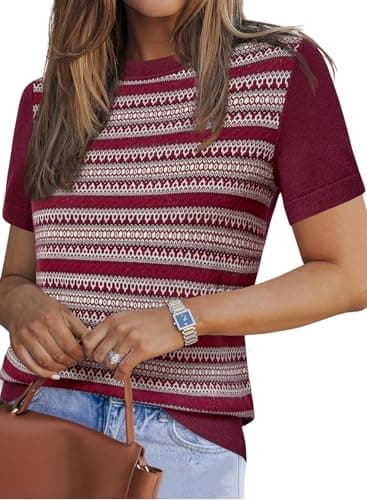 Arach&Cloz Womens Wool Blend Christmas Tops Retro Fair Isle Pattern Summer Winter Short Sleeve Vacation Outfits Spring Crew Neck Shirts 2026 Dark Red S