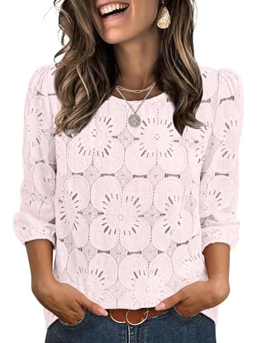 Sampeel Spring Outfits for Women 2026 Trendy Summer Tops 3/4 Sleeve T Shirts Lace Embroidered Tops Beach Vacation Outfits Resort Wear Pink S