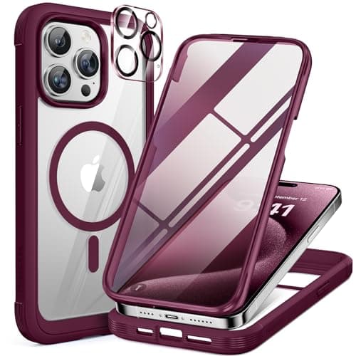 Miracase Magnetic for iPhone 12 Pro Max Case [Compatible with MagSafe] Full-Body Phone case with Built-in Glass Screen Protector& Camera Protector, Military Drop Proof 12 Pro Max Cover, Wine Red