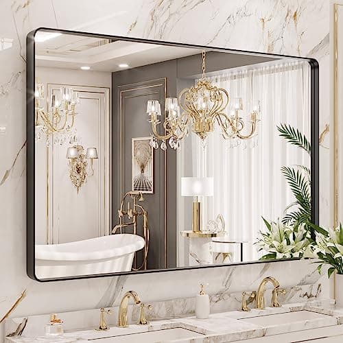 LOAAO 48X40 Inch Black Metal Framed Bathroom Mirror for Wall, Matte Black Bathroom Vanity Mirror Farmhouse, Large Rounded Rectangle Mirror, Anti-Rust, Tempered Glass, Hangs Horizontally or Vertically