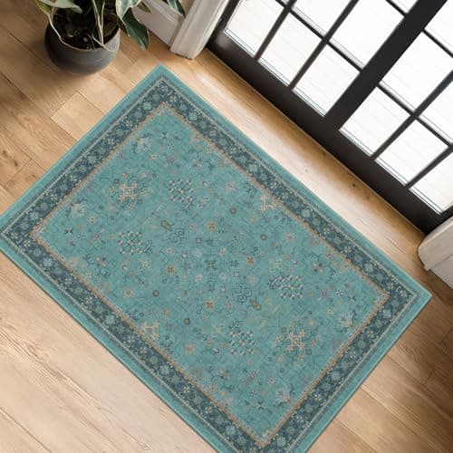 2x3 Washable Teal Rug for Entryway Indoor, Kitchen Floor Waterproof, Bathroom, Powder Room, Non Slip Low Pile Stain & Fade Resistant, Modern Turquoise Aqua Décor