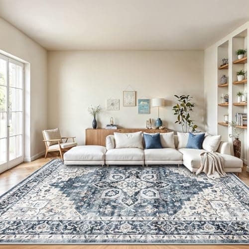 AMADA HOMEFURNISHING 8x10 Washable Area Rug, Low-Profile with Non-Slip Backing & Durable Edge Binding, Vintage Large Rugs for Living Room, Bedroom, Dining Room, Blue