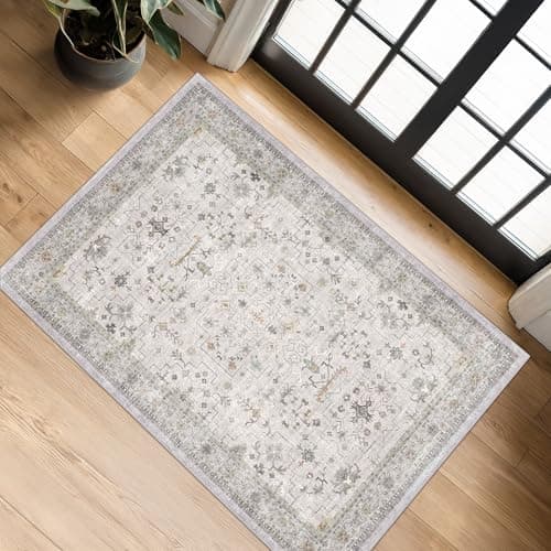 Washable 2x3 Throw Rugs for Entryway, Front Door Mat, Low Pile Non-Slip Small Area Rugs for Kitchen, Bathroom, Powder Room, Mudroom, Neutral Light Grey with Floral Accent