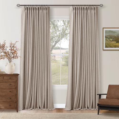 108 Inch Pinch Pleat Drapes Greyish Beige Room Darkening Curtains 108 Inches Long for Bedroom Neutral Farmhouse 100% Blackout Thick Linen Double Layer Pleated Curtain 2 Panels Set Burlywood Birch