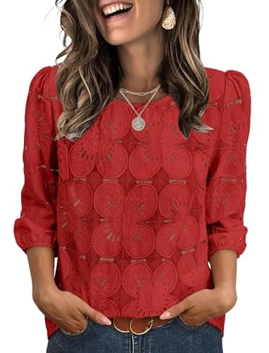 Red Blouses for Women Dressy Elegant Ladies Cute Summer Tops Trendy Puff Sleeve Shirts Lace Date Night Outfits Work Clothes S