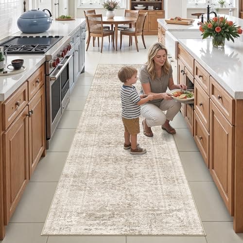Washable 2x8 Kitchen Runner Rug: Non Slip Rugs for Hallway Bedroom Beside Bathroom Laundry Room Soft Low Pile Stain Resistant Floor Carpet (Beige/Ivory, 2X8)