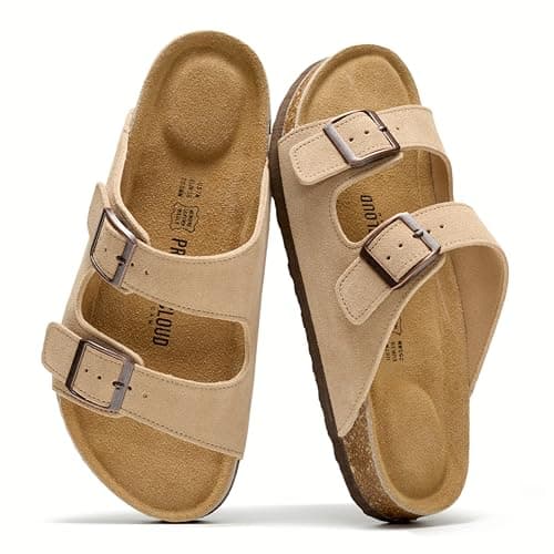 Project Cloud 100% Genuine Leather Flat Sandals For Women 2026 Cork Footbed Womens Sandals with Memory Foam and arch support Vacation Essentials Slides for Women Footwear (Venita,SANDBARLEA5.5M)