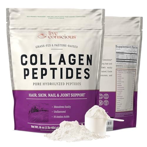 Live Conscious Collagen Peptides Powder - Naturally-Sourced Hydrolyzed Collagen Powder - Hair, Skin, Nail, and Joint Support - Type I & III Grass-Fed Collagen Supplements for Women and Men - 16oz