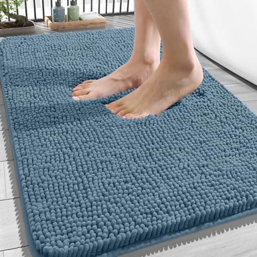 OLANLY Bathroom Rugs 34x21, Extra Soft Absorbent Chenille Bath Rugs, Rubber Backing Quick Dry, Machine Washable Bath Mats for Bathroom Floor, Tub and Shower, Home Decor Accessories, Airy Blue