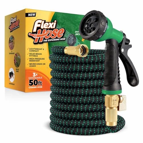 Flexi Hose with 8 Function Nozzle, 50FT - Lightweight Expandable Garden Hose, No-Kink Flexibility, 3/4 Inch Solid Brass Fittings and Double Latex Core - Black and Green