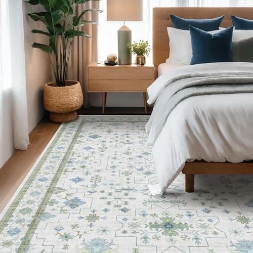 Hazo Haus Cream Oushak 6x8 Bedroom Rug - Boho Floral Cool Blue and Green, Washable Low Pile Non-Slip Ultra-Thin Large Area Rugs for Bed Room, Living Room