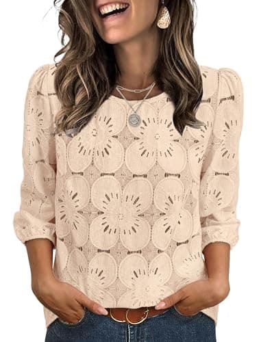 Sampeel Lace Tops for Women 3/4 Length Sleeve T Shirts Dressy Casual Blouses Work Spring Summer Tops Eyelet Fall Fashion Clothing Airport Travel Outfits Vacation Cruise 2026 Apricot S