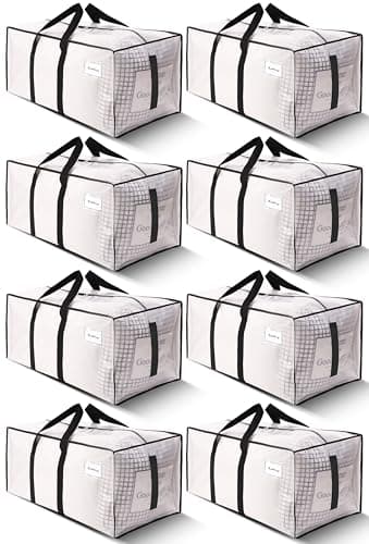HOMESURE 8 Pack Large Strong Moving Bags with Zippers & Carrying Handles - Water-Resistant - Heavy Duty Storage Tote for Space Saving, Fold Flat, Alternative to Moving Box (Semi-Transparent)