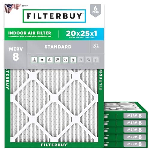 Filterbuy 20x25x1 Air Filter MERV 8 Essential Dust & Allergy Defense (6-Pack), Electrostatic Pleated HVAC AC Furnace Filters Replacement (Actual Size: 19.50 x 24.50 x 0.75)
