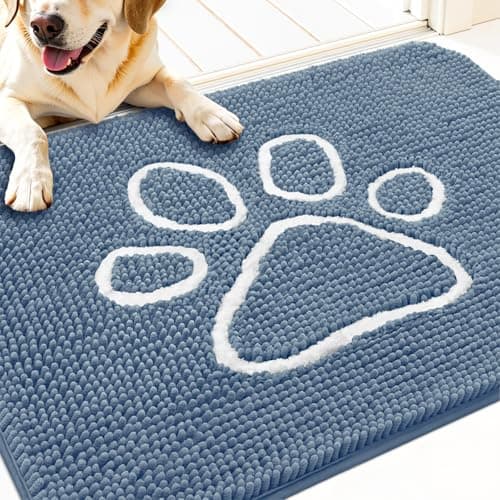 OLANLY Dog Door Mat for Muddy Paws 32x20, Paw Print Design, Absorbs Moisture and Dirt, Non-Slip Washable Doormat, Quick Dry Chenille Mud Mat, Entry Indoor Entryway Carpet, Airy Blue and White