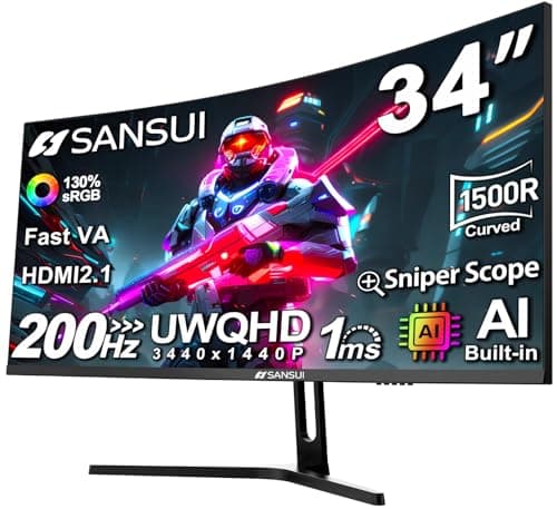 SANSUI 34-Inch Curved Gaming Monitor UWQHD 3440 x 1440P Up to 200Hz 165Hz Curved 1500R - PIP/PBP, OD 1ms, HDR, 300nits, sRGB 130%, DCI-P3 97%,AI Crosshair,HDMI2.1x2,DP1.4(Cable Included)