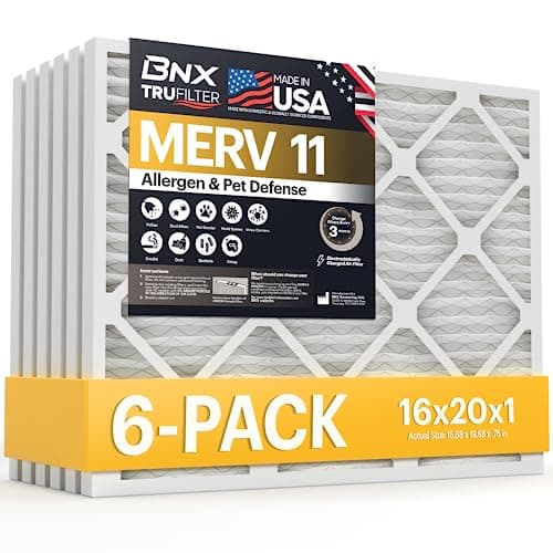 BNX TruFilter 16x20x1 Air Filter MERV 11 (6-Pack) - MADE IN USA - Allergen Defense Electrostatic Pleated Air Conditioner HVAC AC Furnace Filters for Allergies, Dust, Pet, Smoke, Allergy MPR 1200 FPR 7