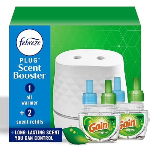 Febreze Plug Scent Booster Starter Kit – Air Freshener, Oil Diffuser, Continuous Scent Device, Includes 2 Gain Refills