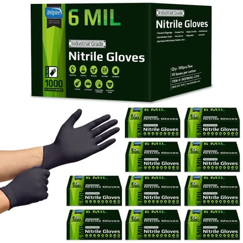 Inspire HEAVY DUTY 6Mil ORIGINAL Quality Stretch Nitrile Gloves Black Disposable Latex Free | Food, Industrial, Mechanic Tattoo (6Mil Black, XL)