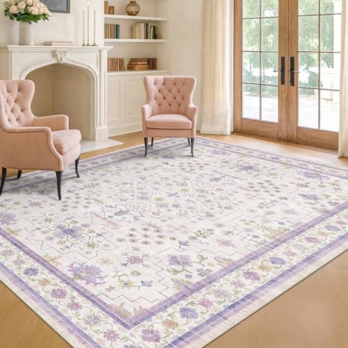 Hazo Haus Purple Rugs for Girls Bedroom, Non Slip Machine Washable 4x6 Floral Area Rug for Nursery Kids Room, Living Room, Low Pile Lavender Girly Dorm Pastel Décor